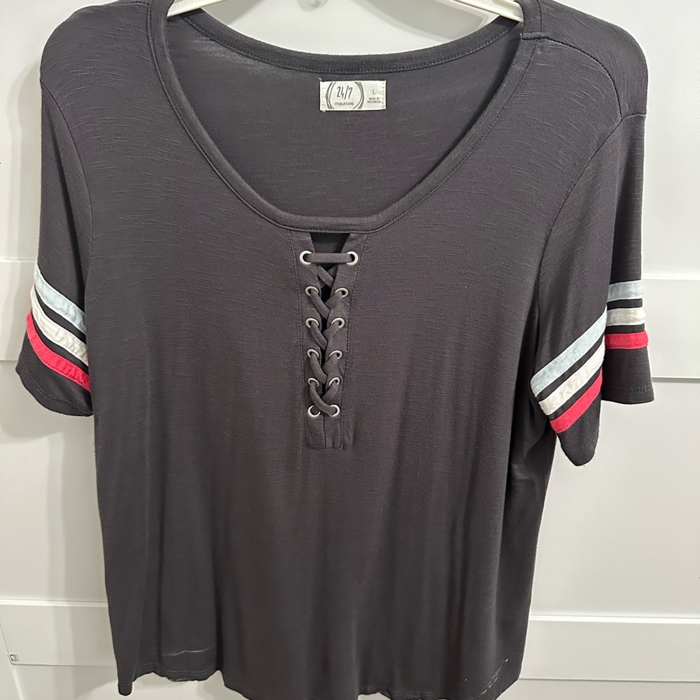Maurices Black Lace-Up Tee with Red and Gray Accents